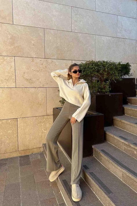 Dikiş Detay Scuba Palazzo Pantolon Haki