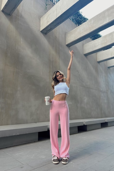 Dikiş Detay Scuba Palazzo Pantolon Pembe