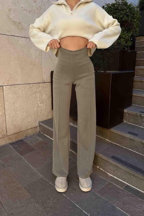 Dikiş Detay Scuba Palazzo Pantolon Haki