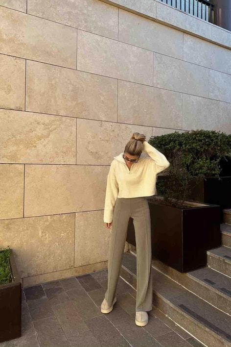 Dikiş Detay Scuba Palazzo Pantolon Haki