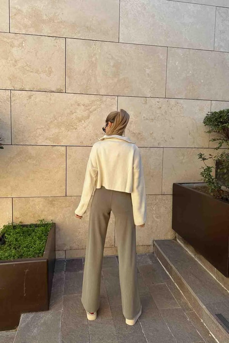 Dikiş Detay Scuba Palazzo Pantolon Haki