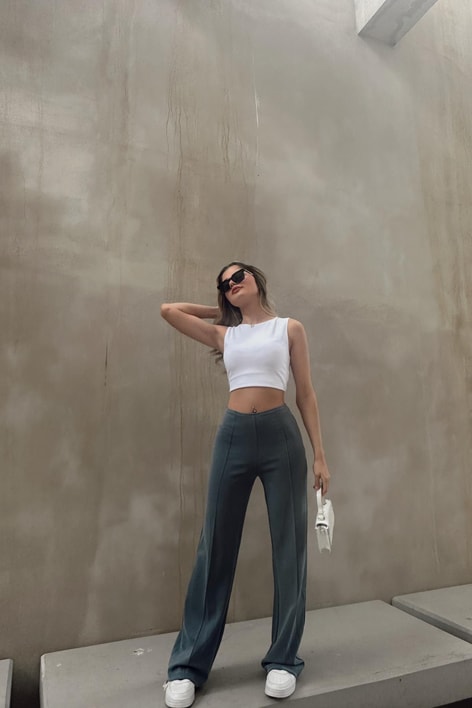 Dikiş Detay Scuba Palazzo Pantolon Koyu Gri