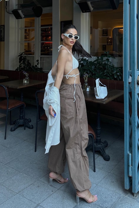 Diz Detay Paraşüt Pantolon Kahverengi