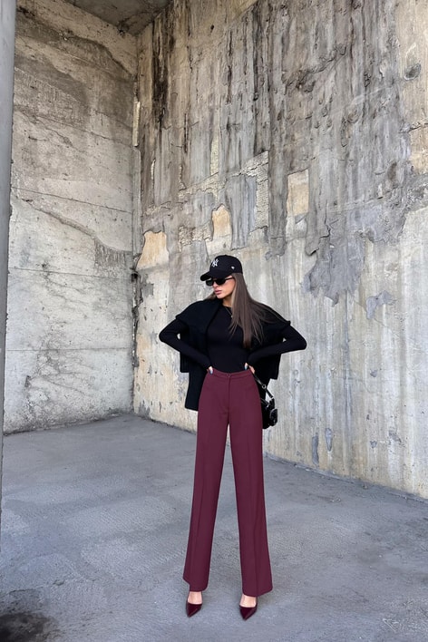 Double Pallazo Pantolon Bordo