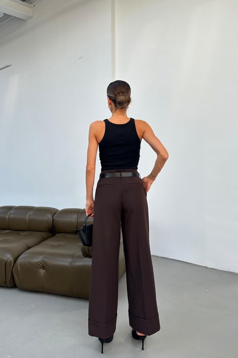 Duble Paça Kemerli Pantolon Kahve