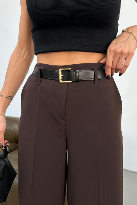 Duble Paça Kemerli Pantolon Kahve