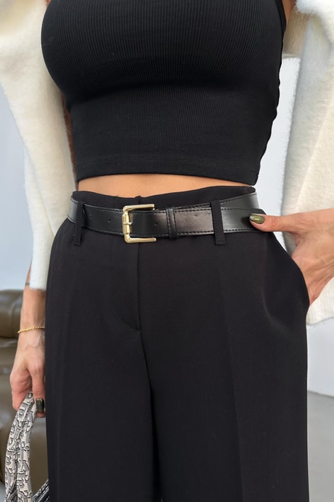 Duble Paça Kemerli Pantolon Siyah
