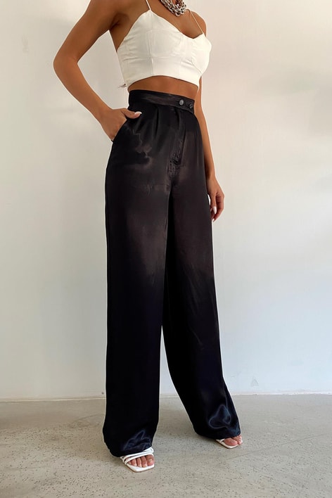 Düğmeli Saten Straight Pantolon Siyah