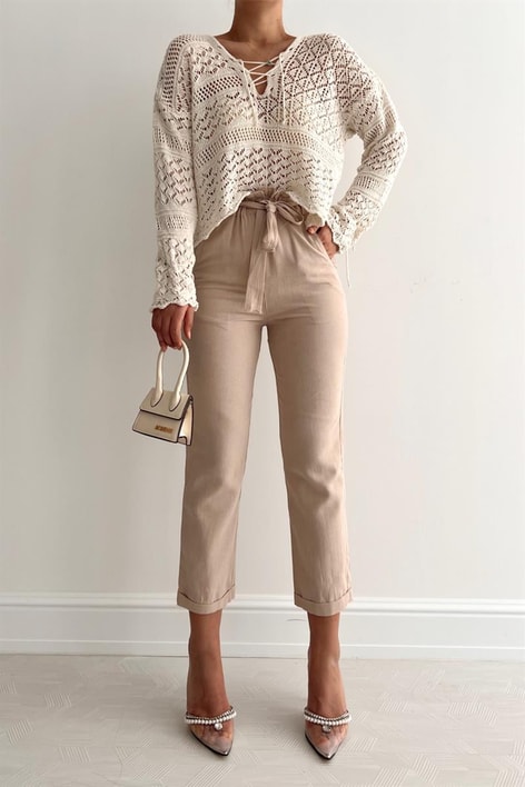 Elastik Bel Kemerli Pantolon Taş