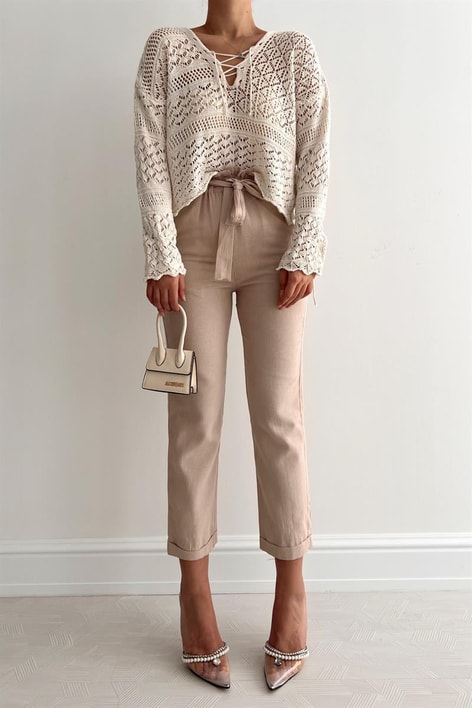 Elastik Bel Kemerli Pantolon Taş