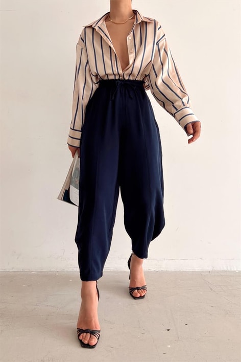 Elastik Belli Balon Pantolon Lacivert