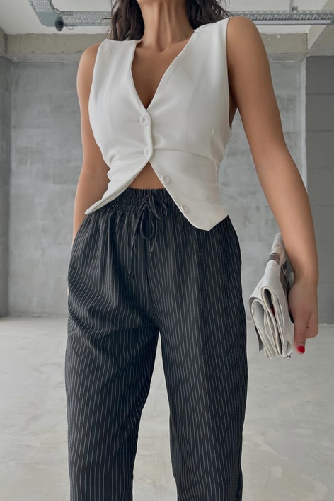 Elastik Belli Çizgili Pantolon Siyah