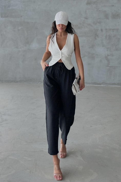 Elastik Belli Çizgili Pantolon Siyah