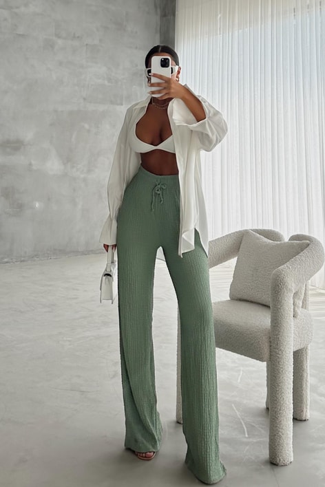 Elastik Belli Gofre Salaş Pantolon Haki