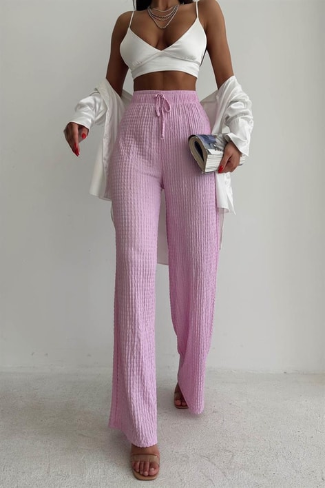 Elastik Belli Gofre Salaş Pantolon Lila