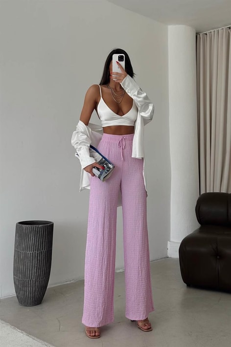 Elastik Belli Gofre Salaş Pantolon Lila