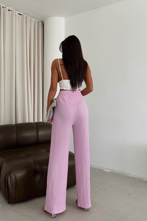 Elastik Belli Gofre Salaş Pantolon Lila