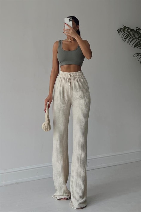 Elastik Belli Gofre Salaş Pantolon Taş