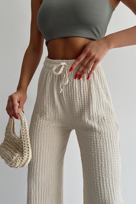 Elastik Belli Gofre Salaş Pantolon Taş