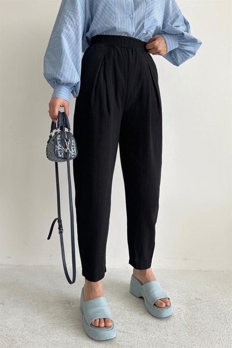 Elastik Belli Havuç Pantolon Siyah