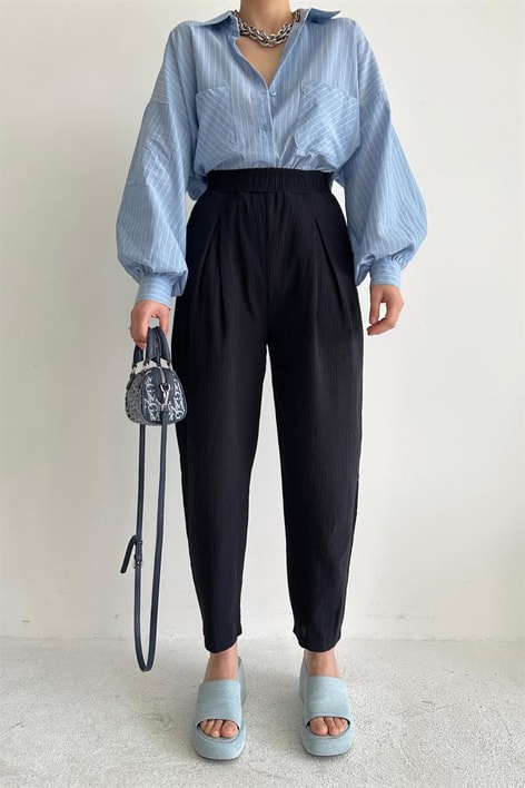 Elastik Belli Havuç Pantolon Siyah