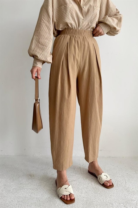 Elastik Belli Havuç Pantolon Vizon