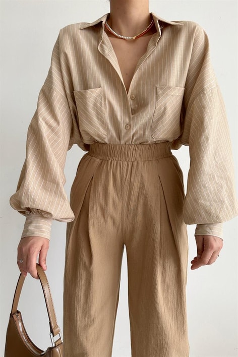 Elastik Belli Havuç Pantolon Vizon