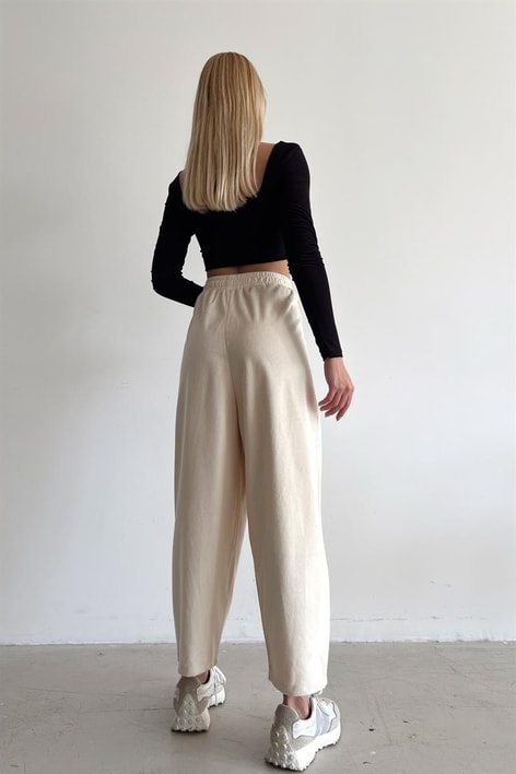 Elastik Belli Kadife Pantolon Ekru