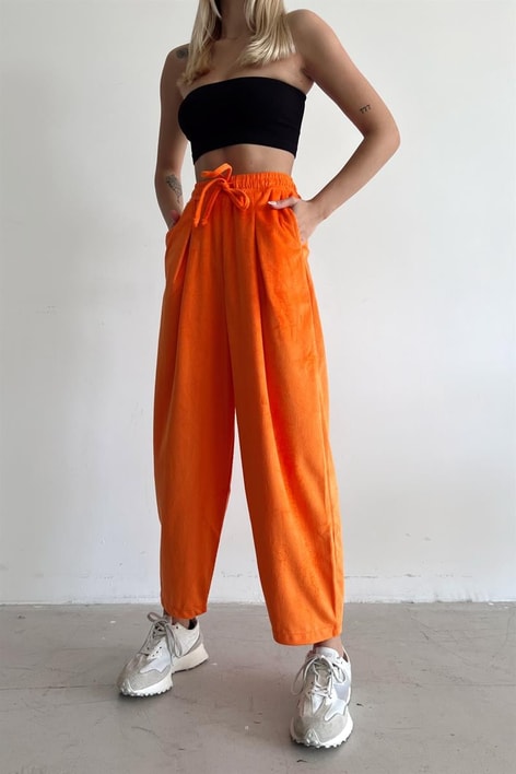 Elastik Belli Kadife Pantolon Turuncu