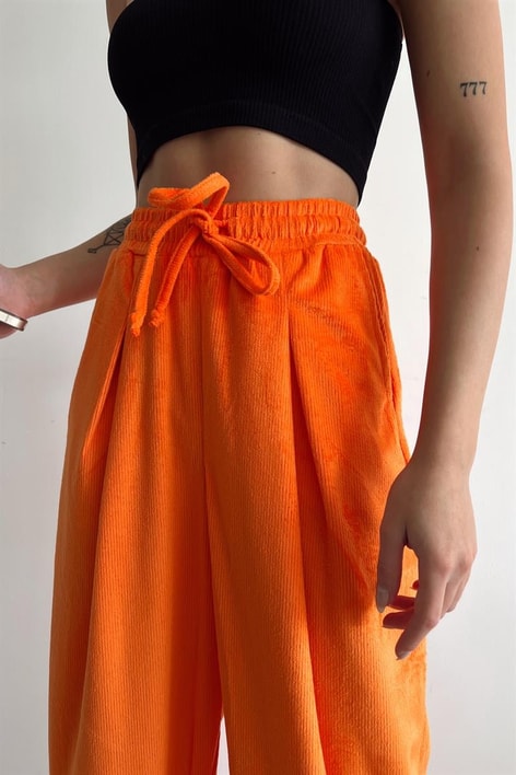 Elastik Belli Kadife Pantolon Turuncu