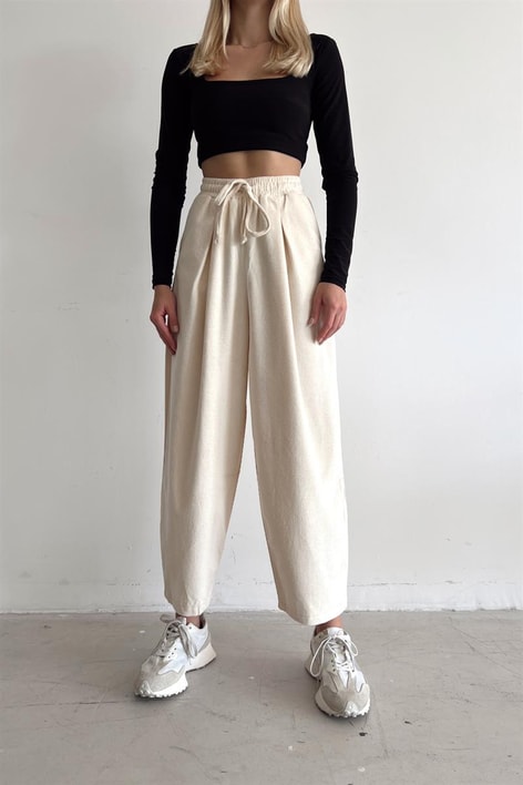 Elastik Belli Kadife Pantolon Ekru