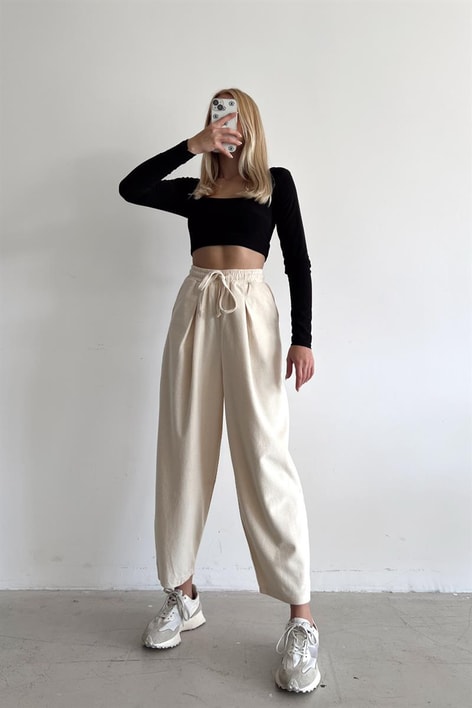 Elastik Belli Kadife Pantolon Ekru