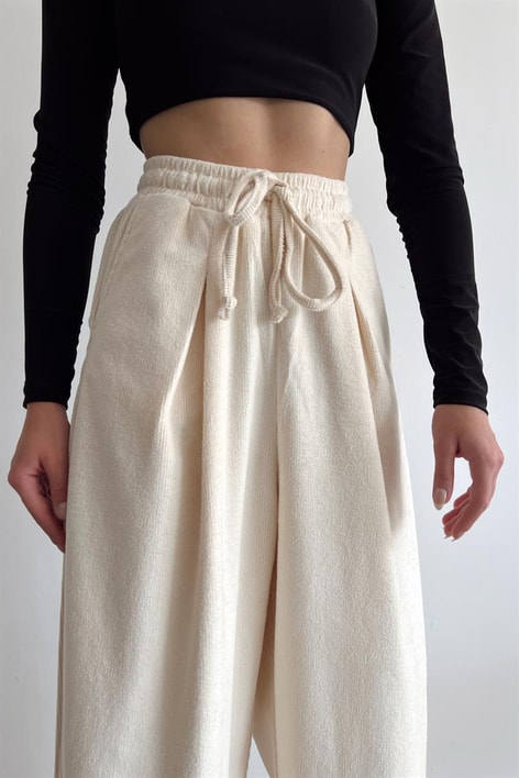 Elastik Belli Kadife Pantolon Ekru