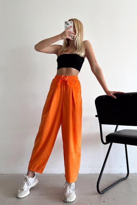 Elastik Belli Kadife Pantolon Turuncu