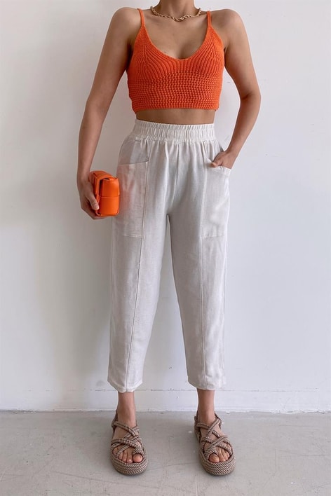Elastik Belli Keten Pantolon Taş