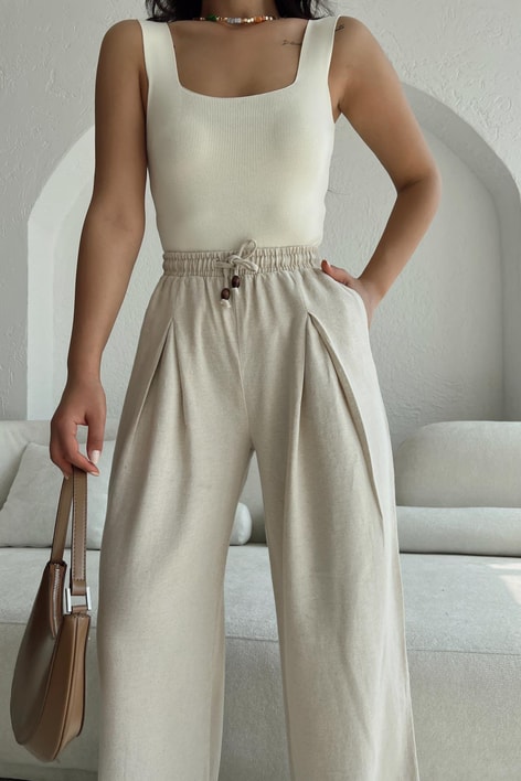 Elastik Belli Palazzo Pantolon Taş