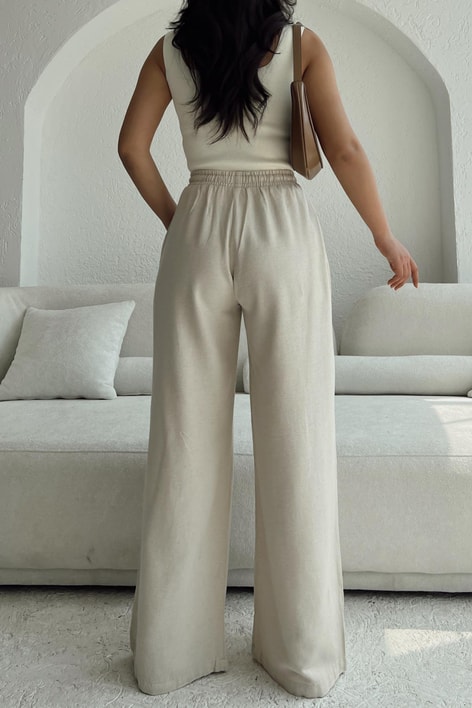 Elastik Belli Palazzo Pantolon Taş