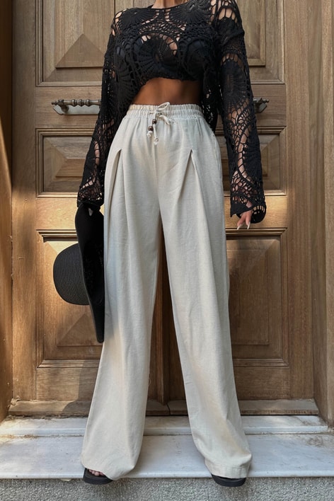 Elastik Belli Palazzo Pantolon Taş