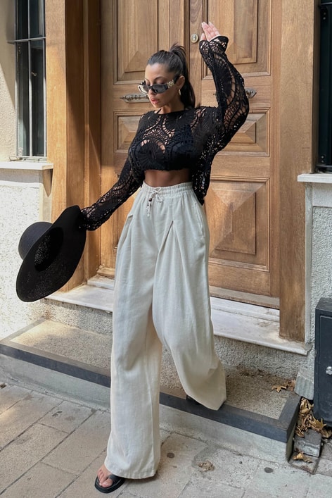 Elastik Belli Palazzo Pantolon Taş