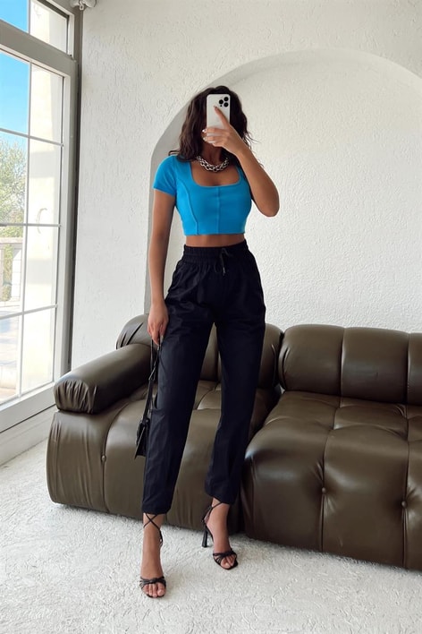 Elastik Belli Paraşüt Dikişli Pantolon Siyah