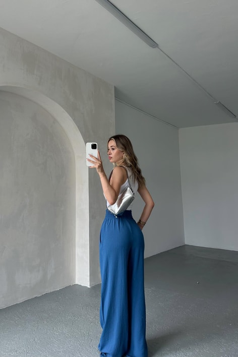 Geniş Bel Lastikli Palazzo Pantolon Saks Mavisi