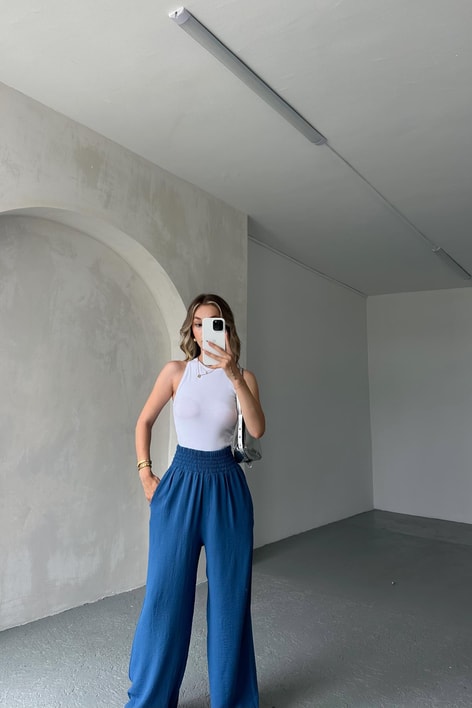 Geniş Bel Lastikli Palazzo Pantolon Saks Mavisi