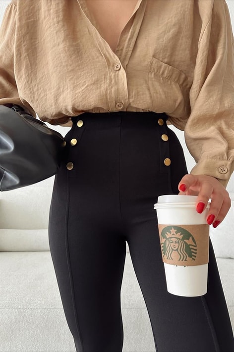 Gold Düğme Nervür Dikişli Pantolon Siyah