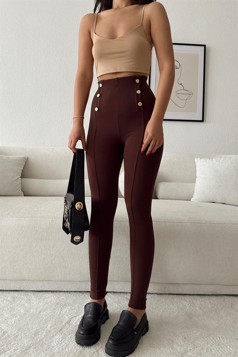Gold Düğme Nervür Dikişli Pantolon Kahve