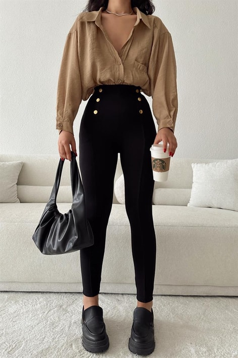 Gold Düğme Nervür Dikişli Pantolon Siyah