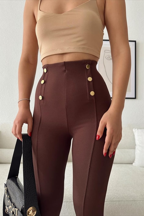 Gold Düğme Nervür Dikişli Pantolon Kahve