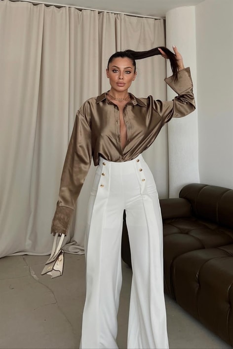 Gold Düğme Salaş Kumaş Pantolon BEYAZ