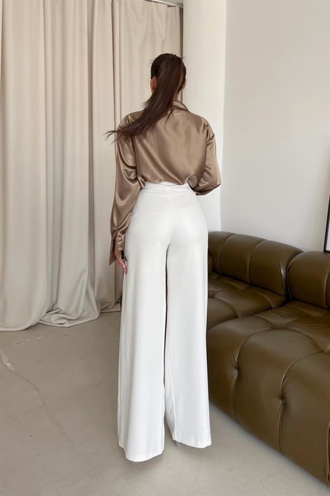 Gold Düğme Salaş Kumaş Pantolon BEYAZ