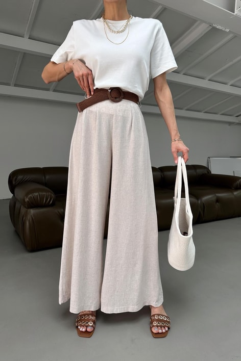 Hasır Kemerli Keten Pantolon Taş