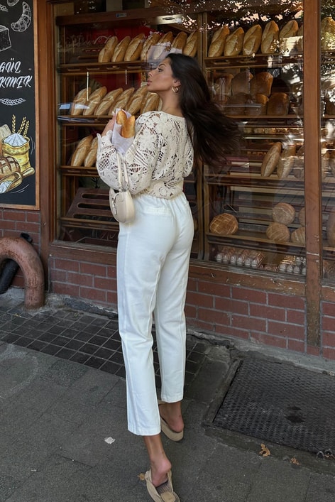 Hasır Örgü Kemer Havuç Pantolon Beyaz